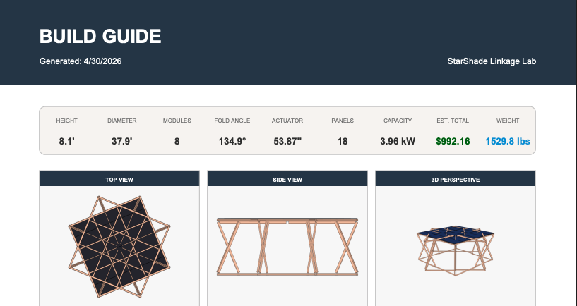 Build guide document with specifications and top, side, and 3D perspective drawings